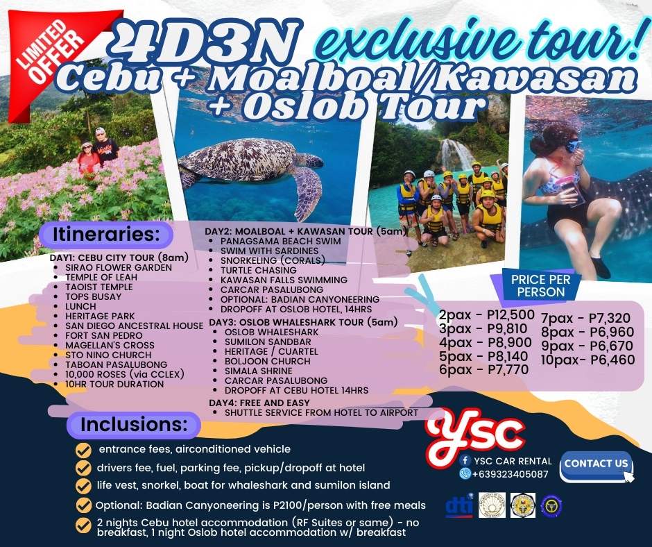 4D3N: CEBU CITY TOUR + MOALBOAL & KAWASAN FALLS + OSLOB TOUR