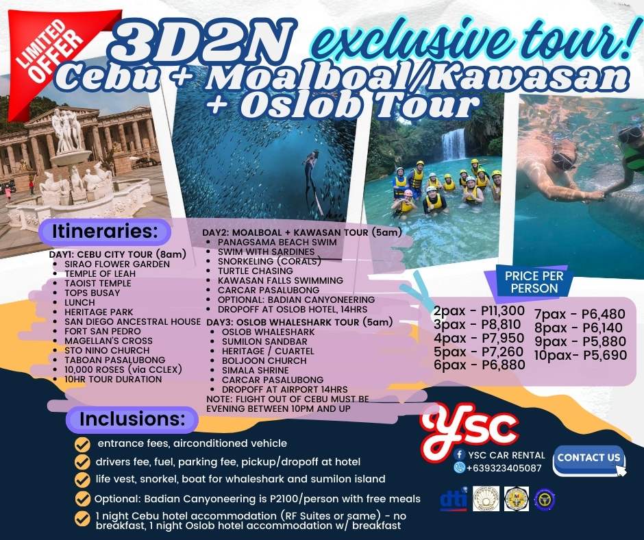 3D2N COMBO: CEBU CITY TOUR + MOALBOAL & KAWASAN FALLS + OSLOB TOUR