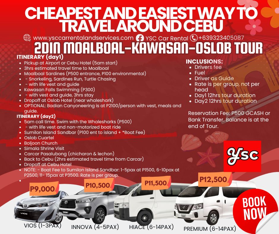 VAN RENTAL - 2D1N 2DAYS 1NIGHT MOALBOAL&KAWASAN + OSLOB TOUR