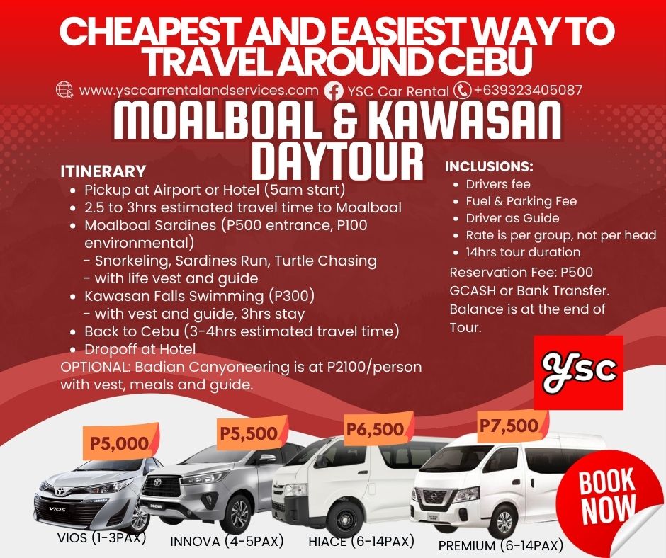 VAN RENTAL - MOALBOAL + KAWASAN FALLS DAYTOUR (optional Canyoneering)